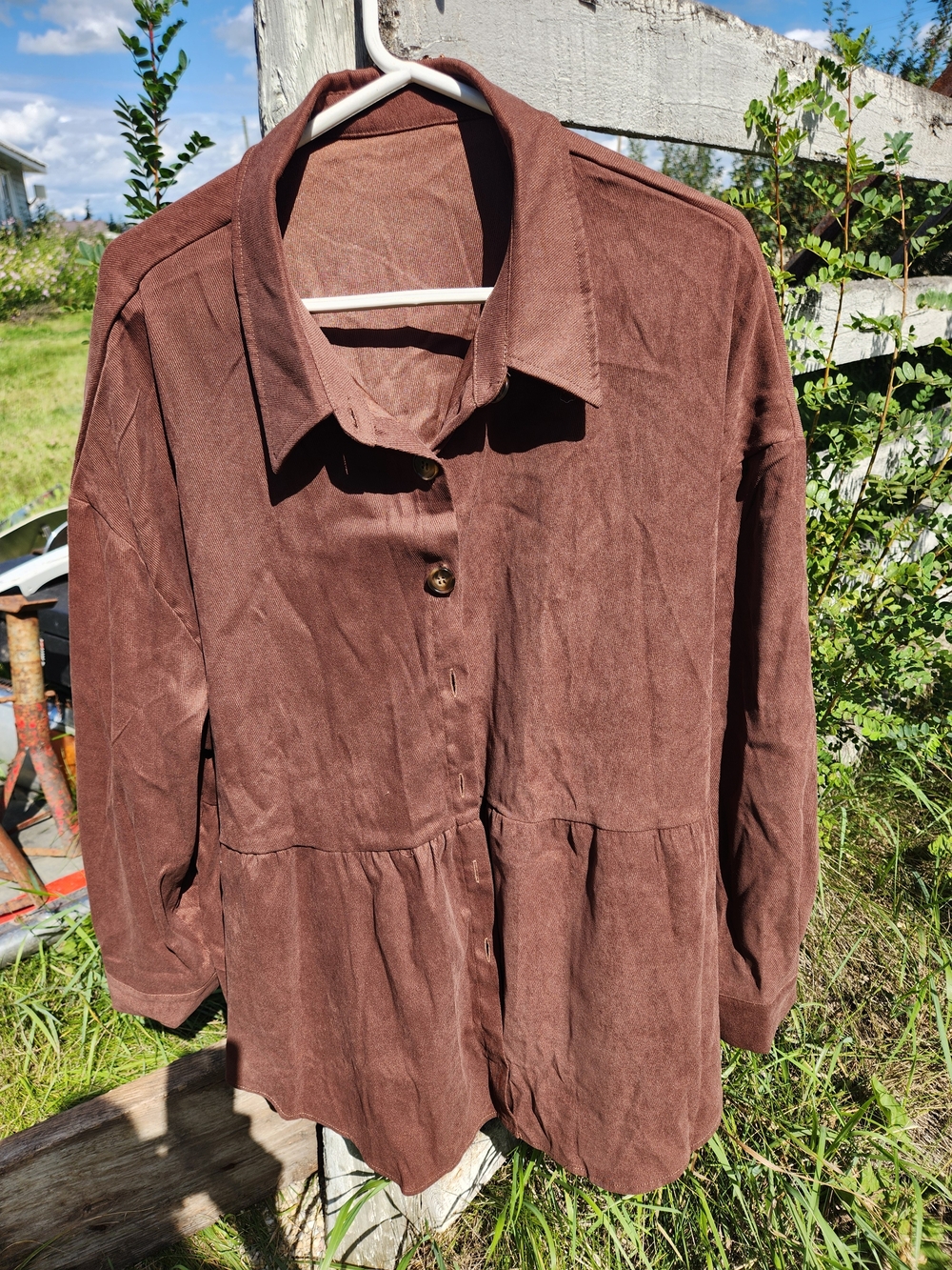 Brown Button-Front Women's Peplum Shirt.